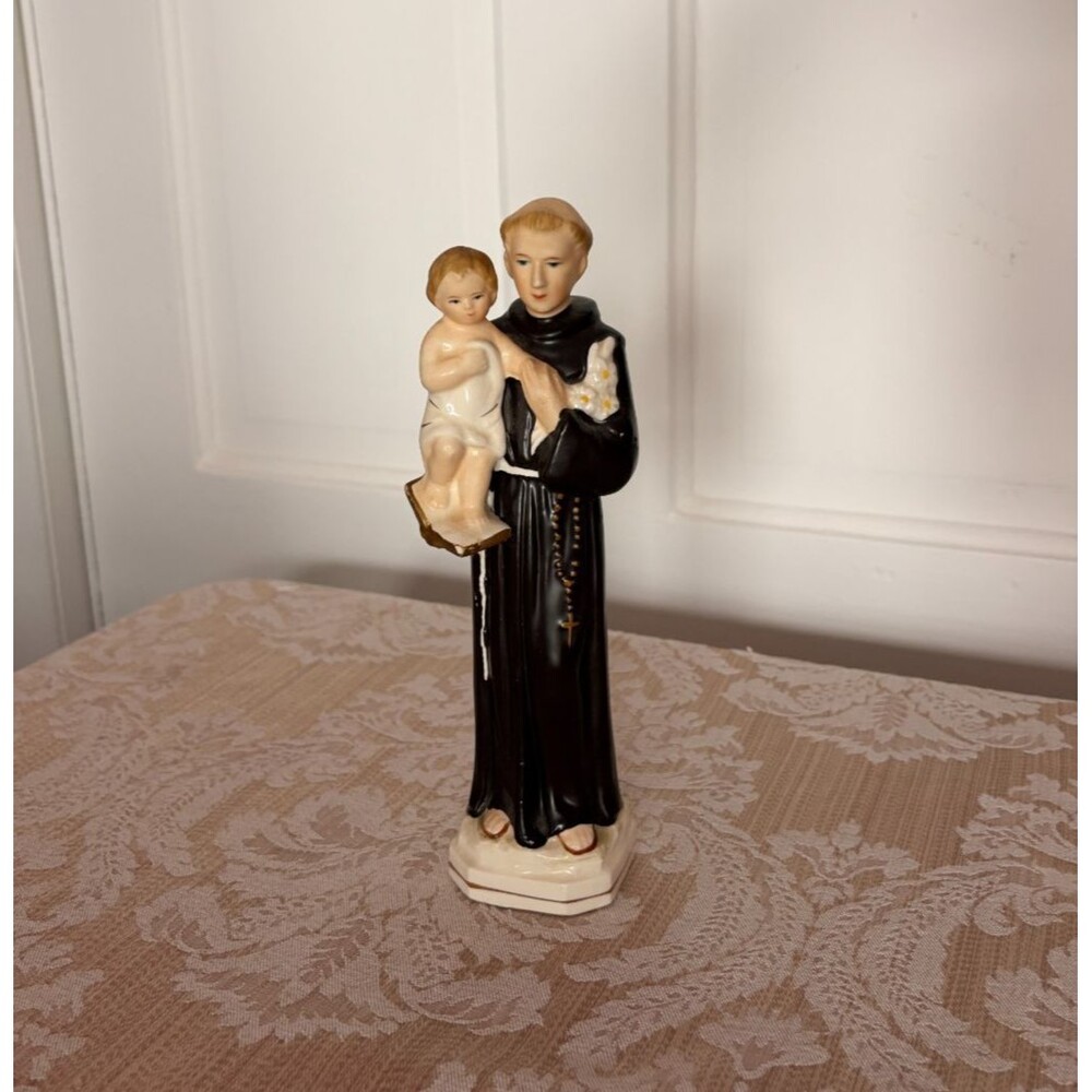 Saint Anthony Holding Baby Jesus Figurine Sanmyro Japan Ceramic Statue Monk Robe